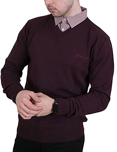 Enzo Moretti Mens V-Neck Knitted Jumper 100% Cotton with Mock Shirt Collar Insert