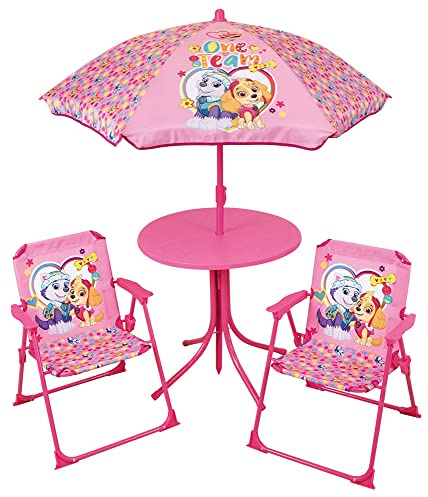 Fun House PAT'PATROUILLE Salon de Jardin - 1 Table 46xø46 cm, 2 chaises H.53xl.38,5xP.37,5cm et 1 Parasol
