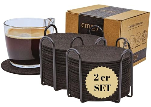 Emmy Home Filz Untersetzer 2x18er Set Schwarz mit Metallhalter – 36 Runde Glasuntersetzer 3 mm Tassenuntersetzer Bierdeckel für Bar Küche Büro Modern & Ideal als Geschenkset