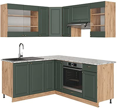 Vicco Eckküche Fame-Line, Grün-Gold Landhaus/Goldkraft Eiche, 190 x 160 cm ohne Arbeitsplatte, kombinierbar mit weiteren Modulen für Flexible Küchenplanung