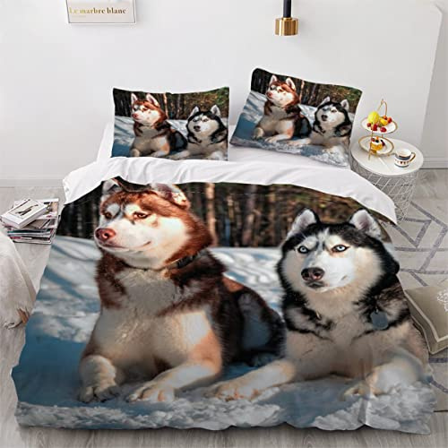 JIARAO Bettwäsche 135×200 3D-Digitaldruck 2teilig Husky-Hunde Bettwäsche-Sets Kinder Mikrofaser mit Reißverschluss Hund Tiere Muster Modern Jungen Mädchen Bettwaren Bettbezug mit Kissenbezug 80x80 cm
