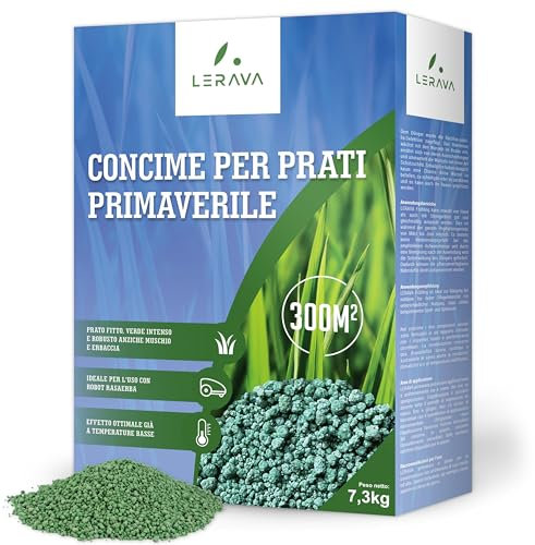 LERAVA Concime Prato Primavera (300m²) - Fertilizzante per Prato Verde e Rigoglioso - Concime Azotato Antimuschio a Lenta Cessione - Rigenerazione e Nutrizione del Tappeto Erboso per Tutta la Stagione