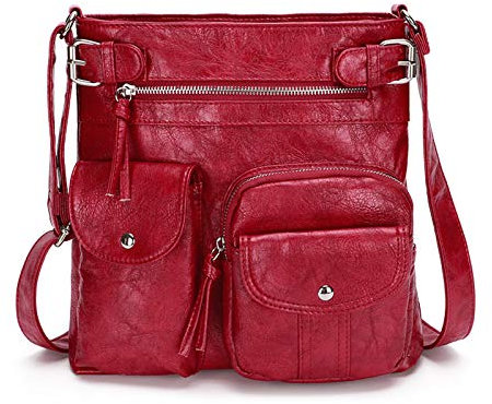 ADITAM Multi Pockets Handtasche Damen Umhängetasche Vintage Umhängetasche Student Messenger Bag Retro Ledertaschen Designer Satchel Rot Double The Comfort
