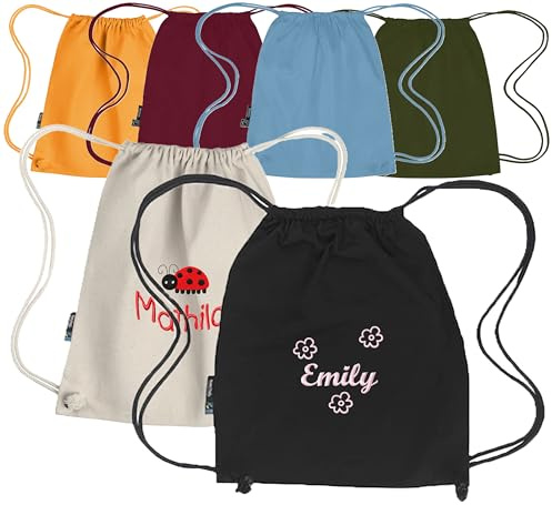 Turnbeutel aus BiO-Baumwolle mit Namen & Motiv oder Sternzeichen bestickt | Sportbeutel/Rucksack in 6 schönen Farben - individuell personalisiert - waschbar - ca. 39 x 46 cm - hochwertige Qualität
