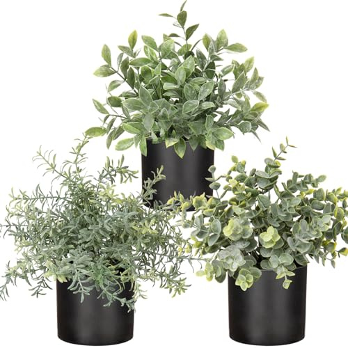 Oairse 3er Set kleine Pflanzen in Töpfen, Kunstpflanze Echter Eukalyptus Mini Künstlicher Rosmarin Künstliche Farnpflanze, Schleierkraut Klein mit Töpfen Tischdeko Zuhause Balkon Büro Deko