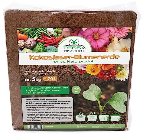 Kokosfaserhumus Blumenerde 1x 5Kg ca. 70 Liter | Kokoserde als Hochbeeterde und für Pflanzen/Zimmerpflanzen, Quellerde für kräftiges Wurzelwachstum
