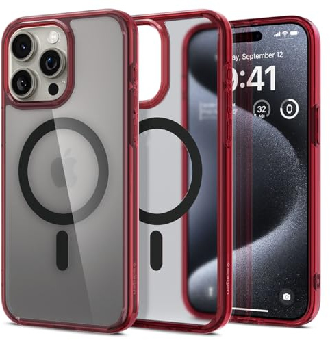 Spigen für iPhone 15 Pro Ultra Hybrid Frost MagFit Hülle [Anti-Yellowing] Case Handyhülle Transparent Dünn Slim Kompatibel mit MagSafe -Deep Red