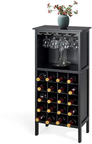 KOMFOTTEU Weinschrank, Weinständer mit 20 Flaschen & 4 Reihen Weinglashalter, Flaschenständer stehend 42 x 25 x 96 cm, Weinregal Holz für Küche, Esszimmer, Bar (Schwarz)