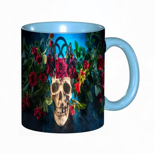 Kaffeebecher Mug,Schädel im blauen Licht. Totenkopf mit Rosen. Der Tag der Toten.,kaffeebecher porzellan, tasse Füllmenge 330 ml - sehr interessante bedruckte Teetassen