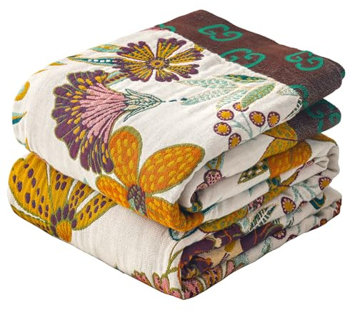 VANJOROY Manta Grande Bohemia, 100% algodón orgánico, Suave, para sofá, Cama, decoración Floral, Manta Bohemia Reversible para Cama, Silla, Colcha y Regalo, 60 x 80 Pulgadas, Color Beige y Blanco