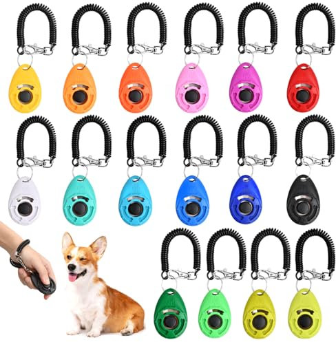 16 Stück Hunde Clicker, Pet Training Profi Clicker, Hundetraining Klicker mit Handschlaufe, Haustier Training Clicker, Hunde Klicker Set mit Großem Knopf für Hunde Pferde Katzen