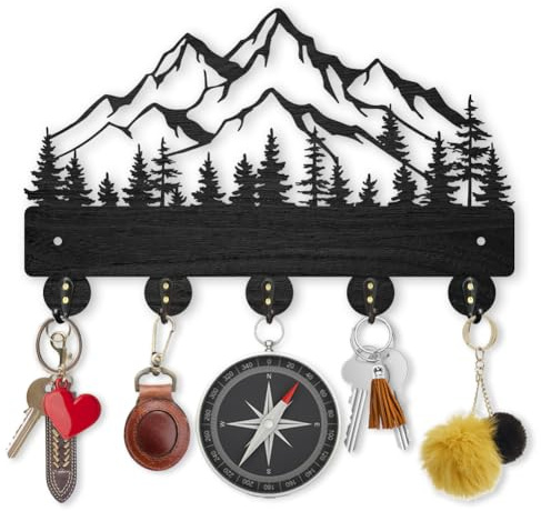 MAYJOYDIY Gancio portachiavi in legno paesaggio montano 5 ganci in lega 30 x 18,8 cm, portachiavi da parete, decorazione per la casa, regalo, paesaggio naturale, porta chiavi, ingresso, cucina,