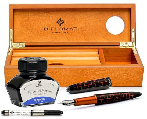 Diplomat Elox Matrix schwarz-orange, Füllhalter Set mit Füllertinte Royalblau und einem edlen Stiftetui aus Kirschholz