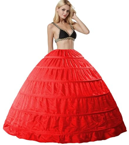 Damen 6 Reifrock Brautkleid Lang Petticoat A-Linie Unterrock Rockabilly Barock Kleid Unterröcke Krinoline 6 Ringe mit Rüschen fur Hochzeit Karneval Halloween Ball Prom(Rot)