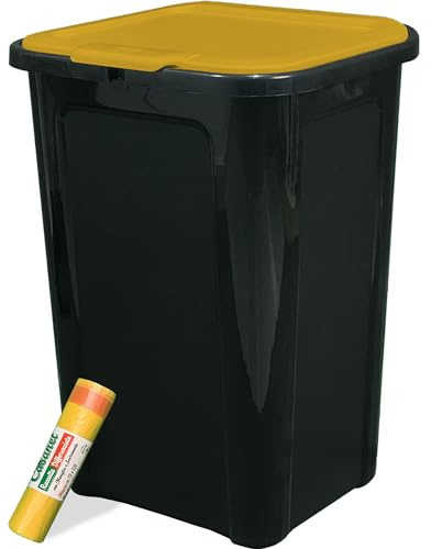 Sicignano | Cubo de basura individual cerrado, colección diferenciada, 44 litros, tapa de color, plástico – Papelera interior de la cocina – 10 bolsas de basura de colores (amarillo, 5)