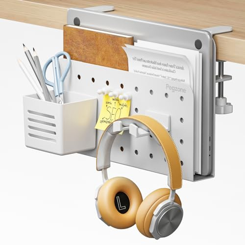 PEGZONE Modern White Desk Organizer, Under Desk Laptop Holder, 22lbs Capacity, Fits Flat Edge Desks 0.4-2.2in, Clamp on Desk Shelf with Pegboard Accessories, Hanging Laptop Mount | No Drill Under Desk Laptop Holder, Clamp on Desks Shelf with Pegboard Accessories, Hanging Laptop Mount