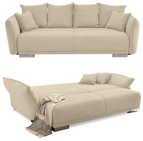 Big Sofa B242/T131/H90 cm mit Schlaffunktion, Stauraum, Armlehnenverstellung, Lounge Couch mit Federkern und Wellenunterfederung, Liegefläche 168x199 cm, Bezug Cord in Beige Grau / 17215