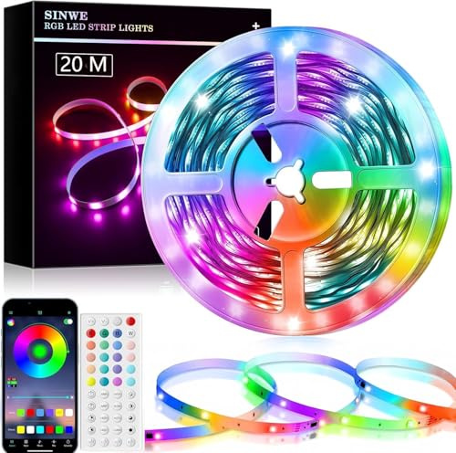 Sinwe, Striscia di luci a LED da 20 m, con sincronizzazione musicale, luci a LED RGB con telecomando a 44 tasti e controllo tramite app, luci a LED che cambiano colore per camera da letto, cucina