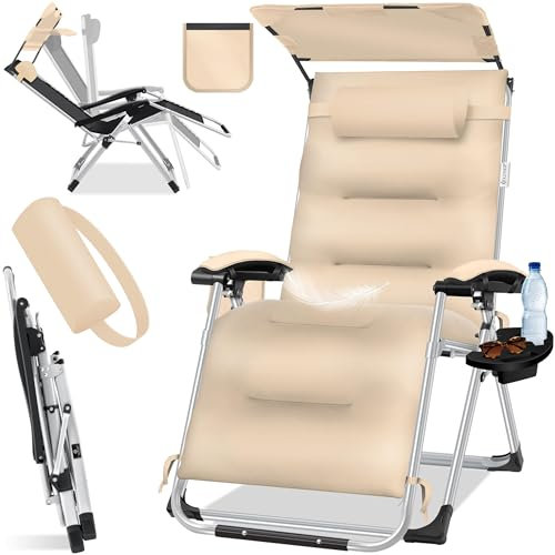 KESSER® Sonnenliege Liegestuhl,Gartenliege Wetterfest, Belastbar 200kg, Ergonomisches Polster verstellbare Rückenlehne inkl. Nackenkissen Getränkehalter Armpolster & Seitentasche mit Dach Beige