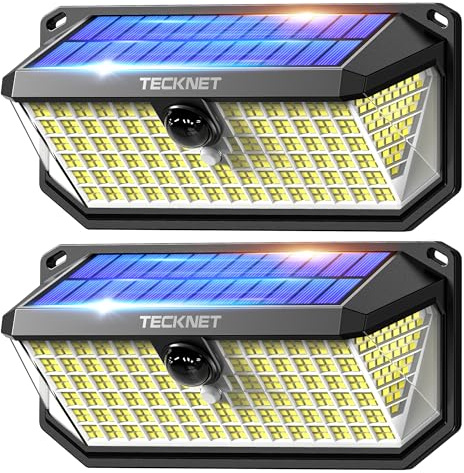 TECKNET Solarlampen für Außen mit Bewegungsmelder,416 LED Licht,2 Stück | 300°Superhelle LED Solar Wandleuchten für Außen,IP66 wasserdichte Solarlampen für Garten,Wand,und Outdoor Beleuchtung