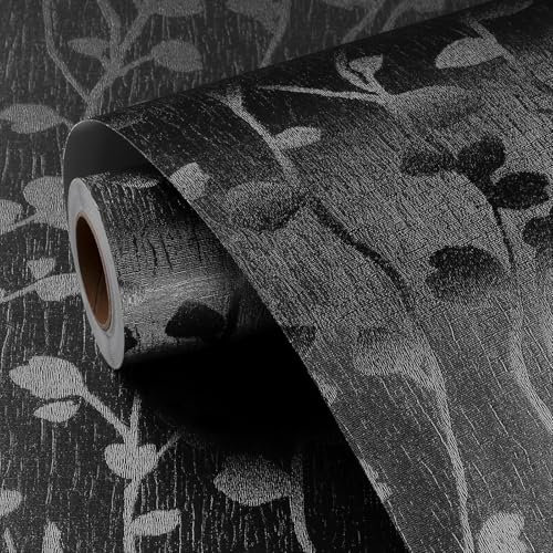 FunStick Papel Pintado Adhesivo Negro Ramas y Hojas Vinilo Adhesivo Dormitorio Salon Armario Textura Rama y Hoja Lavable Papel Adhesivo para Mueble Negro Hojas Vinilo Adhesivo para Baño Pared 40CMx2M