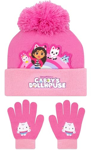 DreamWorks Gabbys Dollhouse Wintermütze Kinder | Mädchen Hut Und Handschuhe | Pandy Paws Handschuhe Und Beanie Kinder | Einheitsgröße Rosa