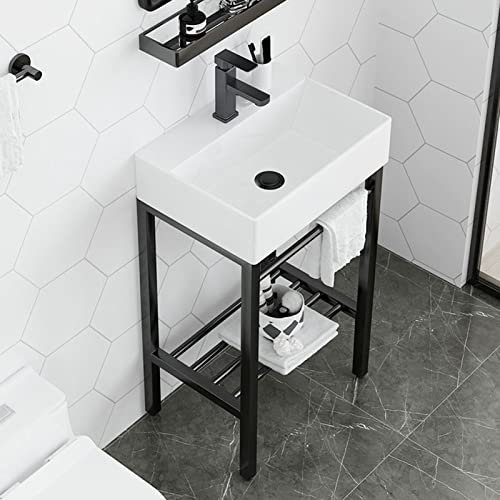 Lavandino da bagno con piedistallo, lavandini per lavanderia con vaso in ceramica e porcellana, rettangolare, con gambe in metallo in acciaio inossidabile, supporto per lavabo (Wit 51x36cm(20x14in))