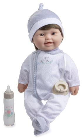 JC TOYS - Down The Baby syndrom docka 40 cm, mjuk och tvättbar kropp, brunt hår, magisk flaska och napp, grå och vit, designad i Spanien, +12 månader