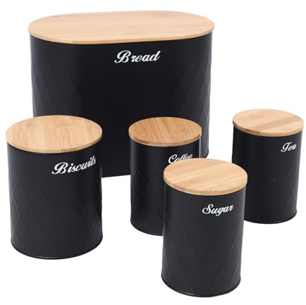 Asixxsix Bread Box with Canister Set, Small Metal Bread Storage Container with 4 Airtight Sugar Tea Coffee Canisters Kitchen Countertop Bread Bin in Black with Wooden Lids for Farmhouse