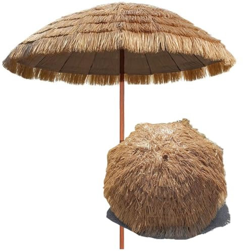 CFLNHMSY Tilt garden parasol, windproof beach straw umbrella, foldable tilting artificial straw umbrella, height adjustable, tiltable(160cm/5.2ft)