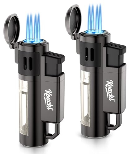 KOACKL Torch Lighter, Refillable Windproof Adjustable Quad Jet Flame Butane Lighter for Candle Grill BBQ Camping Fireworks, 2 Pack (No Fuel Included)