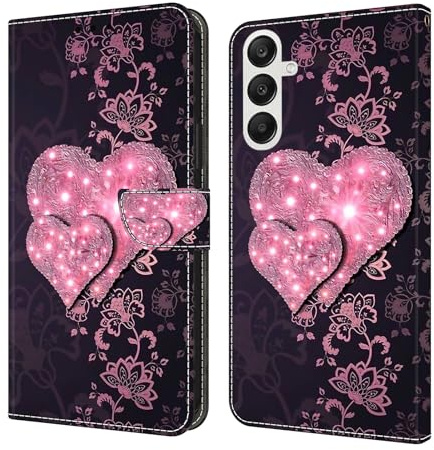 CLM-Tech Étui de Protection Compatible avec Samsung Galaxy A17 5G / A26 5G - Housse en Cuir synthétique, à Rabat, Coque avec Support et Compartiments pour Cartes - Motif Cœurs Rose