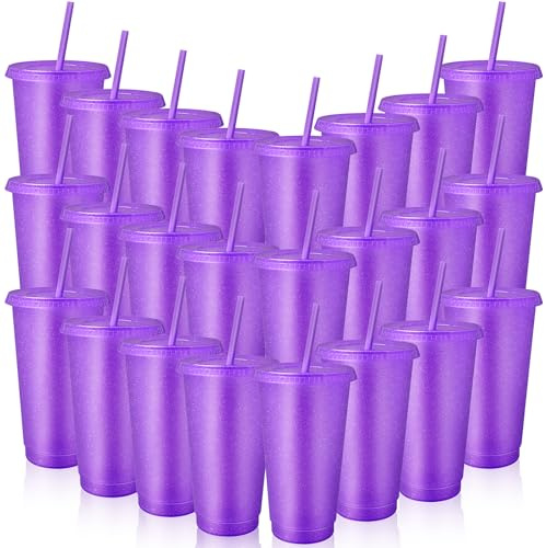 SWHCM 24 Pièces Gobelets Plastiques Réutilisables avec Couvercle & Paille, 710ml Café Tasse de Voyage, Verre Plastique Reutilisable pour Enfants Adultes Fête (Lila)