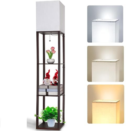Lámpara de Pie de Madera, 1.60 M Luz de Salón con Bombilla y Pantalla, Luce de Pie de Estante de Madera Vintage con Ajuste de Temperatura en 3 Colores para Salón, Dormitorio y Oficina - Marrón