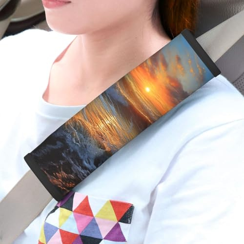 LHDGBWC 2 cuscinetti universali per cinture di sicurezza auto, copertura per cintura di sicurezza al tramonto con paesaggio marino, imbottiture per cinture di sicurezza, accessori interni auto