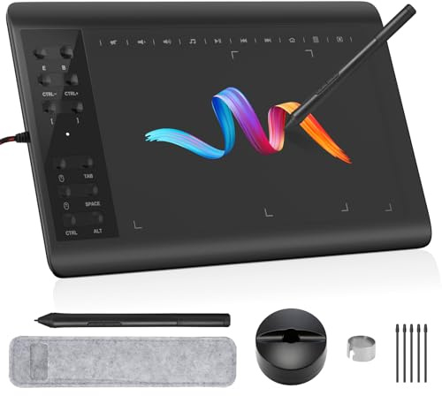 IMAGE Graphics Drawing Tablet 10 x 6 Inch Large Active Area with 8192 Levels Battery-Free Pen and 12 Hot Keys, Compatible with Windows/Mac/Android for Painting, Design & Online Teaching, Black