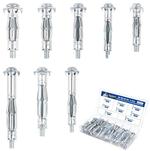 Seconero 52 Pcs Hollow Wall Anchor,8 Size Plasterboard Fixings Drywall Anchor M4 M5 M6 M8 Zinc Plated Steel,Durable Hollow Door Cavity Wall Fixings Assortment Kit,Metal Plasterboard Fixings Heavy Duty