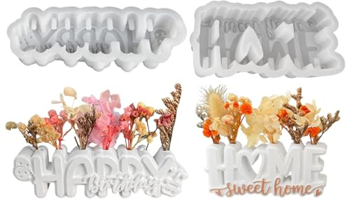 2 Stück Silikonformen Gießformen, Silikonform Buchstaben mit Blumenhalter | Gießformen Silikon Buchstaben Gipsformen zum Gießen Gießform Happy Birthday Schriftzug Silikonform Blumenhalter für Handwerk