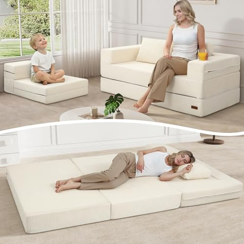 MeMoreCool Cord Schlafsofa, Klappbares Bodensofa 2-Sitzer, Beige | Faltbares Futon Sofa mit Kissen und Schlaffunktion, Ideal für Wohnzimmer, Schlafzimmer und Kleine Räume
