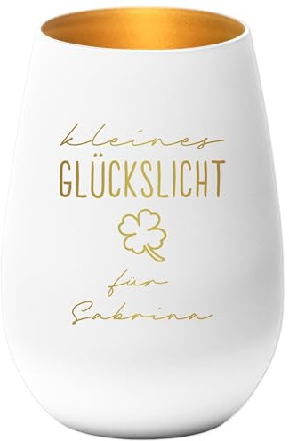 Glückslicht personalisiert Windlicht Glas mit Gravur für Teelicht Kerzenglas Glückskerze Glücksbringer Geschenk (Weiß)