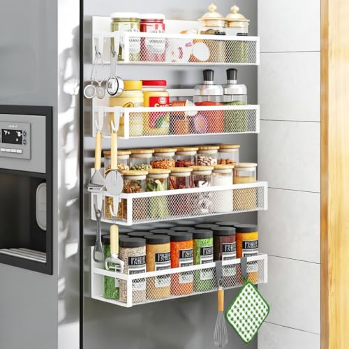 Estante Magnético para Especias para Nevera,AUFWORLD Pack de 4 Estantes Magnéticos,Organizador Imantado para Nevera con 8 Ganchos Móviles,Estante Magnético para Organización y Almacenamiento de Cocina