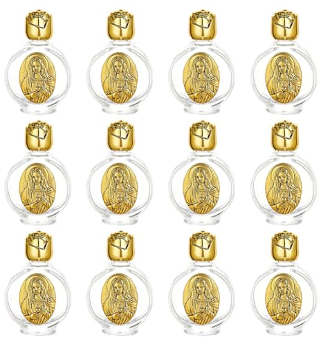 BENECREAT 12 Bottiglia di Vetro Vuota per Acqua Santa, Bottiglie Religiose Decorate con L'Immagine Della Vergine Maria, In Color Oro Antico, Ideali per Gruppi di Preghiera e Altari Domestici