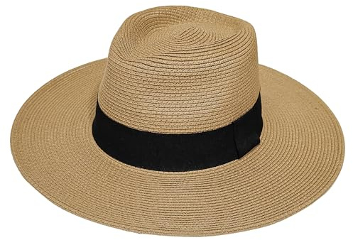 Sombrero Panamá Clásico de Paja para Hombre y Mujer - Transpirable con Protección Solar UV, Diseño Elegante de ala Plana, Ligero y Ajustable - Ideal para Playa, Viajes (Marrón Banda Negro Tela)