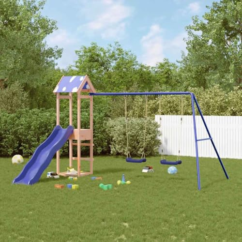 QUAHEAS Torre de juegos de madera maciza Douglas con tobogán ondulado y columpio doble, estructura de escalada para jardín y exterior, arenero, columpio nido, casa de juegos para niños de 3 a 8 años