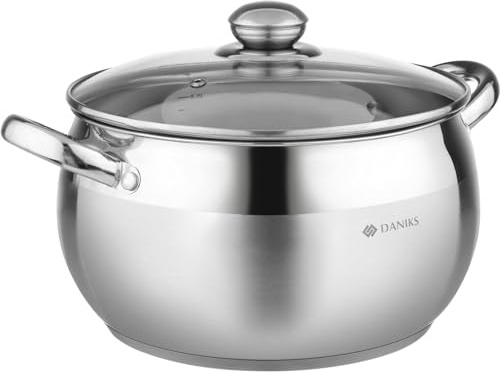 Daniks Classic Faitout induction en acier inoxydable avec couvercle en verre (6 l, Ø 24 cm)