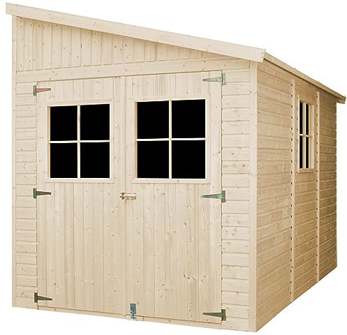 Casa da giardino in legno naturale (con parete laterale) 318x218 cm/6,09 m²- Magazzino esterno con finestre - Capanno da giardino - Bici, Deposito attrezzi e rimessa TIMBELA M339A