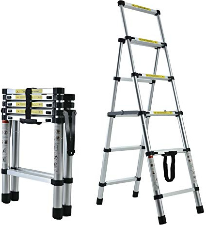 4+5 Step Ladder Aluminum 4.4FT Telescoping Ladder Lightweight Portable A-Frame Ladders with Arm-Design, 330lbs Load Capacity Widen Step Pedal Folding Step Ladder Easy to Transport or Store