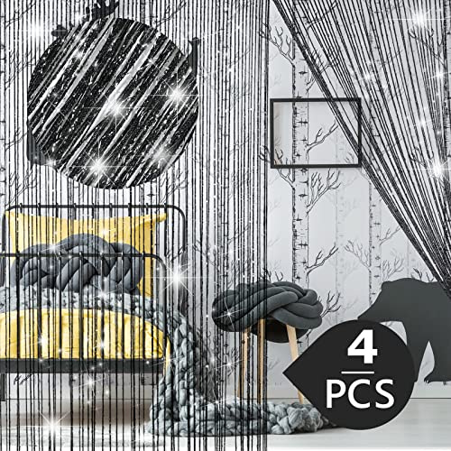 WILLBOND 4 Pcs String Curtains Glitter Fringe Curtains for Window Doorways 79 x 39 Inch Door Divider Strip Tassel for Wedding Engagement Party Decor Living Room(Black)