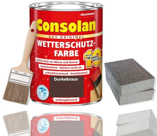 Consolan Wetterschutzfarbe Set 2,5 l Holzfarbe Dauerschutz Deckend mit Zubehör (Dunkelbraun)