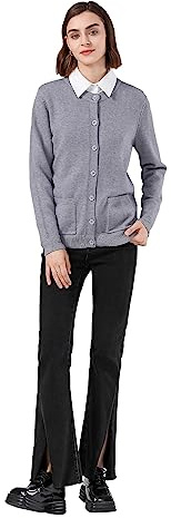 SMILING PINKER Chaqueta de punto para mujer de manga larga, cárdigan cálido de cuello redondo, chaleco de punto con botonera y bolsillos, gris, XL